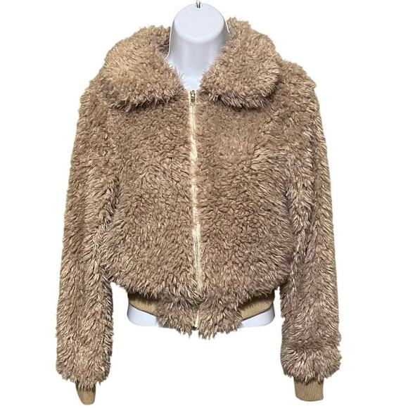 Princess Polly Teddy Cropped Jacket Lined Size 8 Faux Fur Tan Ski Contemporary - Picture 2 of 9